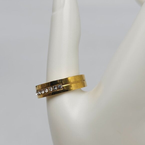 Gold Stainless Steel Band Ring W/ Clear Rhinestone Inlay Size 12 Vintage - Picture 3 of 5
